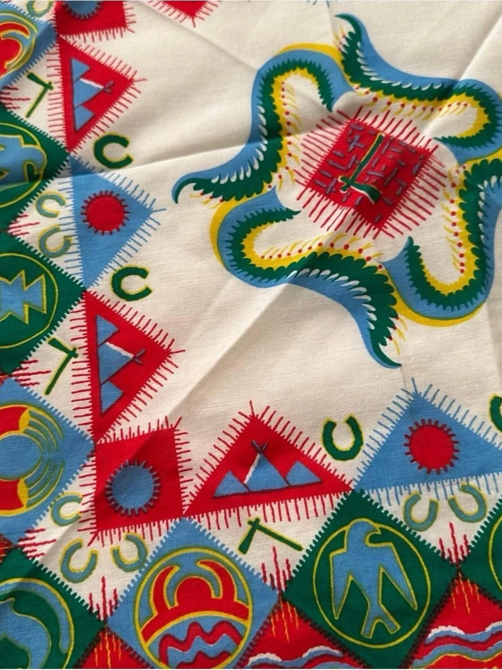 Vintage 1990s Vibrant western Geometric Silk Scarf in Red, Green, Blue, Yellow